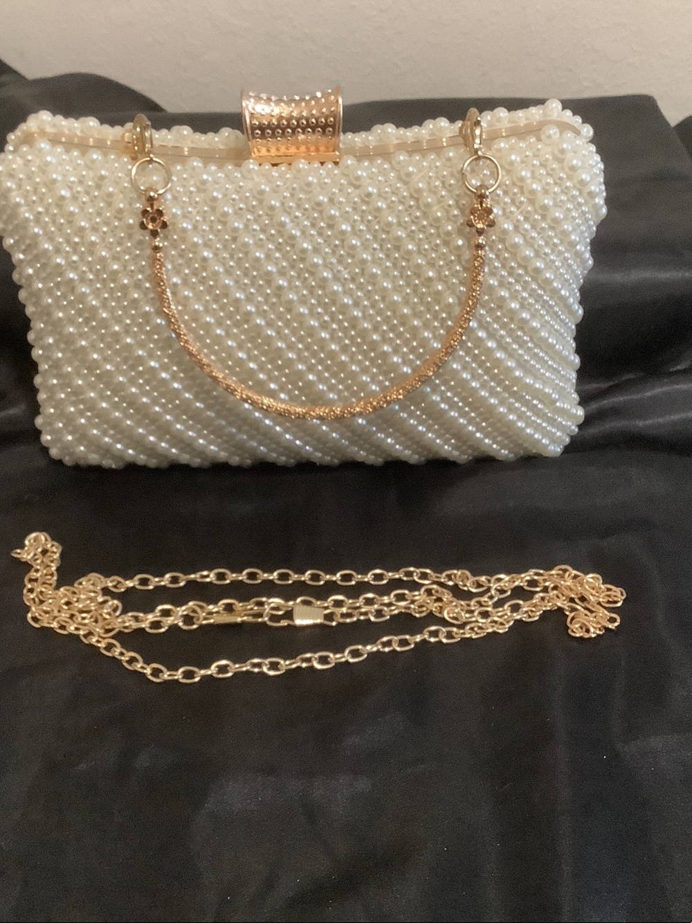 Pearl Beaded Ivory Evening Clutch with Gold Chain